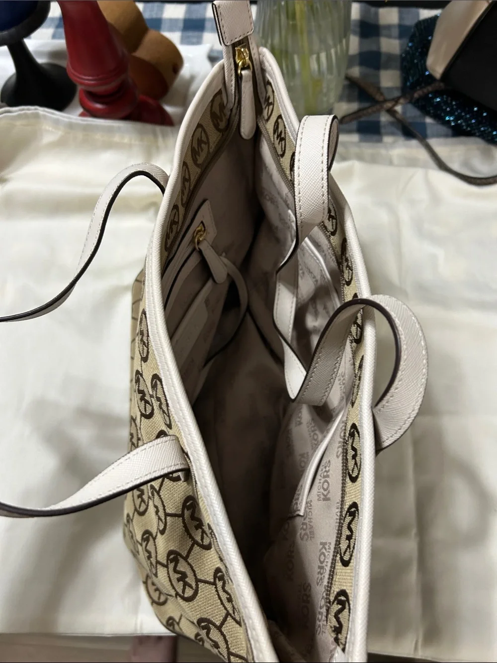 Michael Kors Beige and White Signature MK Tote with Gold Accent
